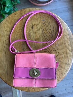 Coach Coral Pink Colorblock Leather Mini Turnlock Crossbody